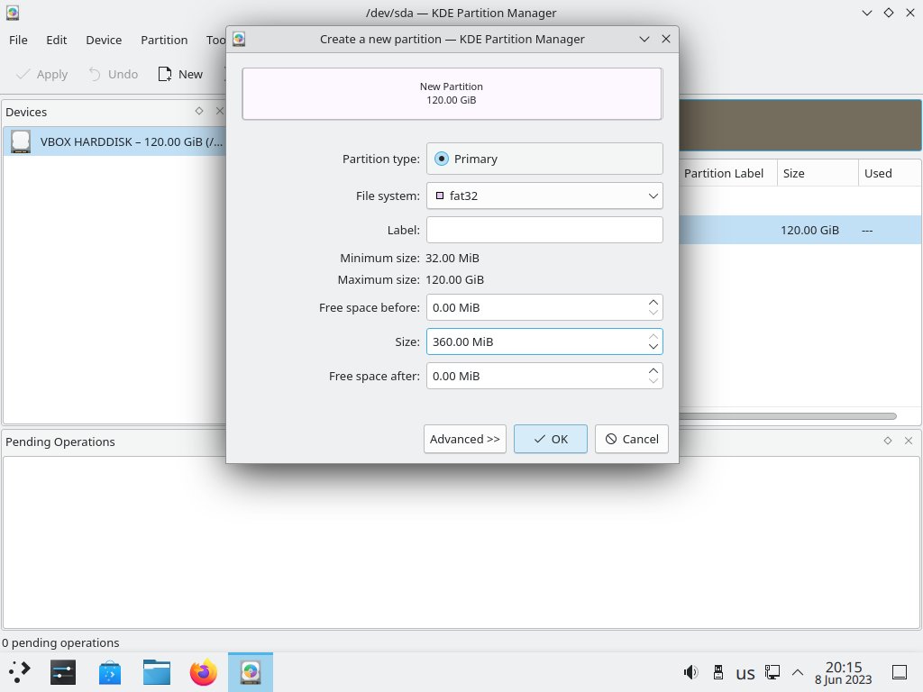 Разметка диска EFI раздел KDE Partition Manadger