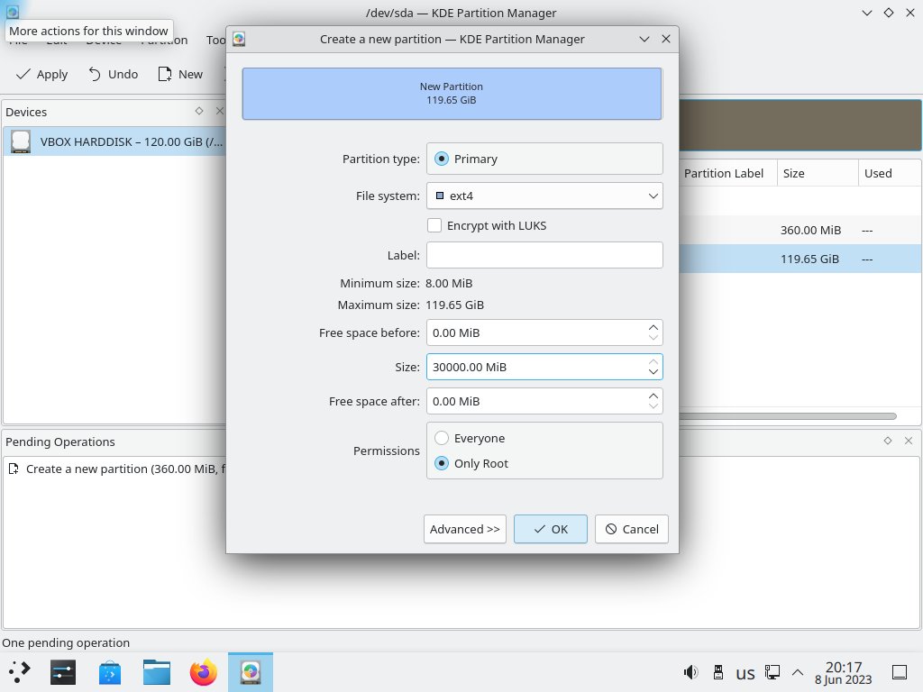 Разметка диска корневой раздел KDE Partition Manadger